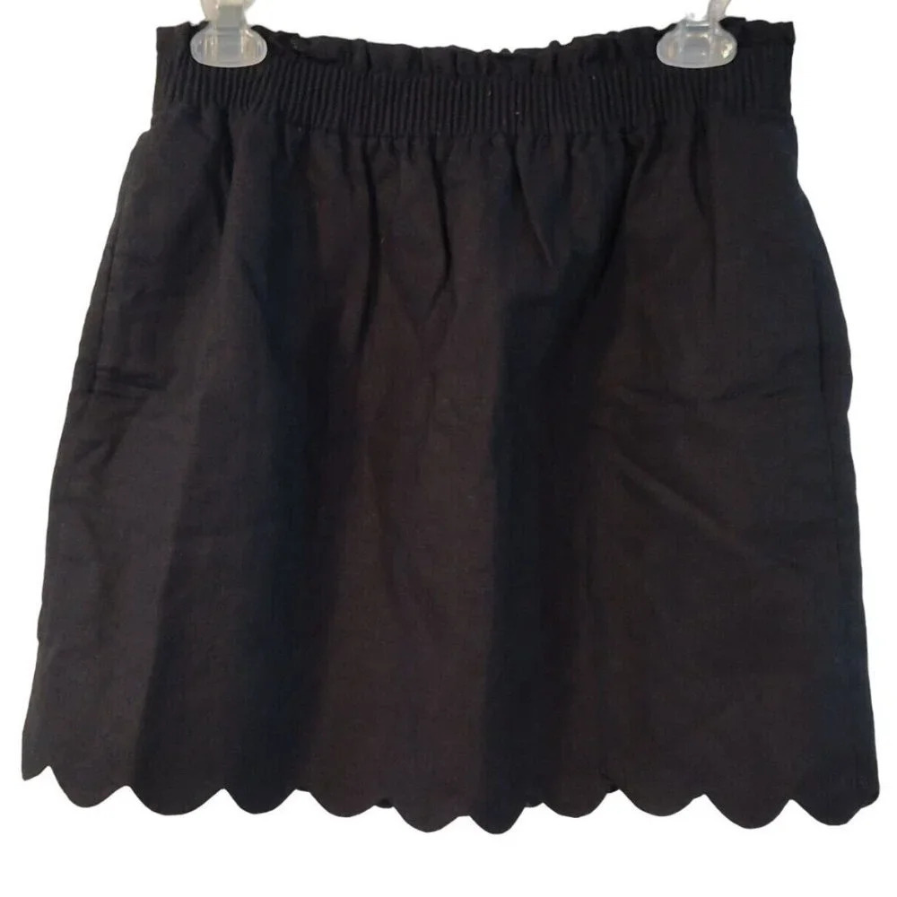J Crew Black Linen Cotton Mini Pencil Skirt Women Size 6 Lined Scalloped Hem
